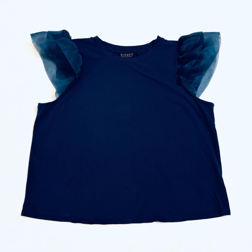 Eloquii Crewneck Sheer Flounce Flutter Short Sleeve Womens Sz 18/20 Navy Blouse